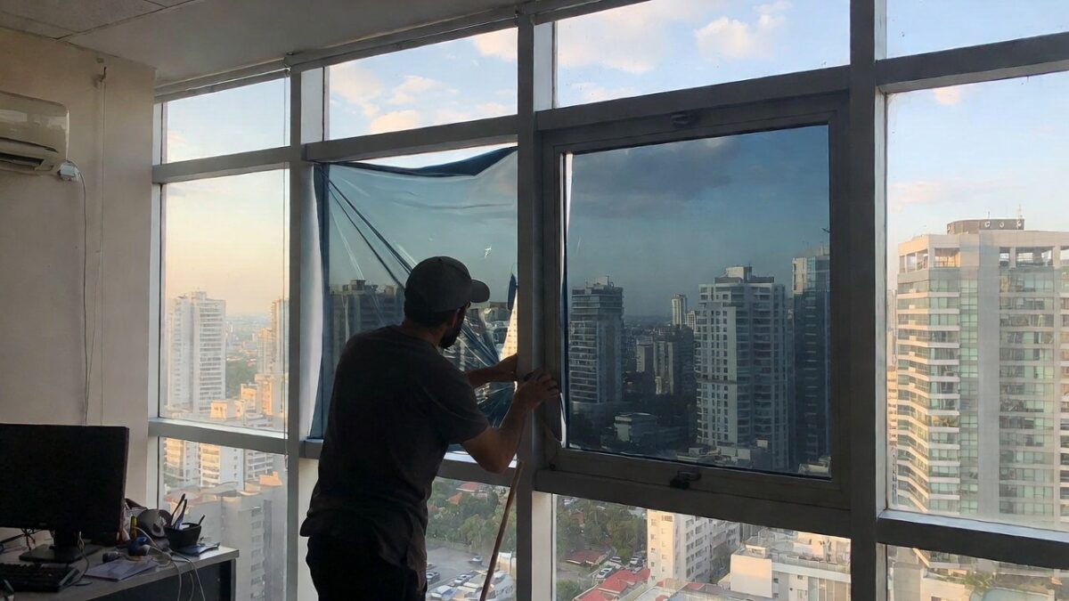 person installing commercial window film image