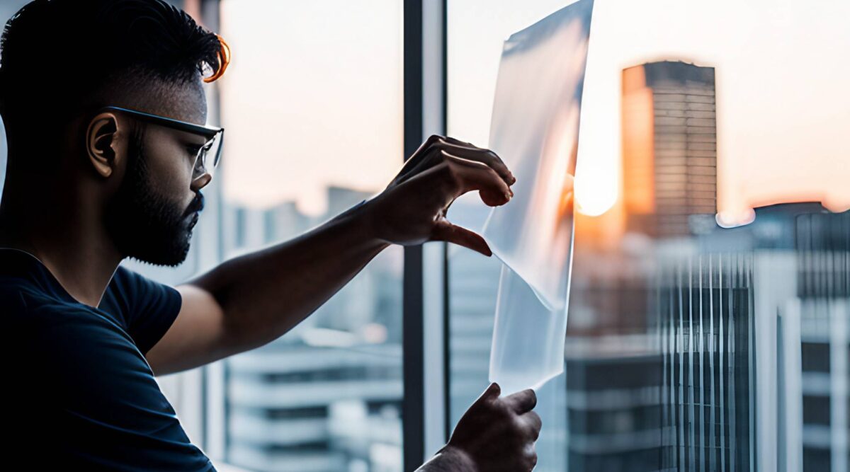 man installing window film image