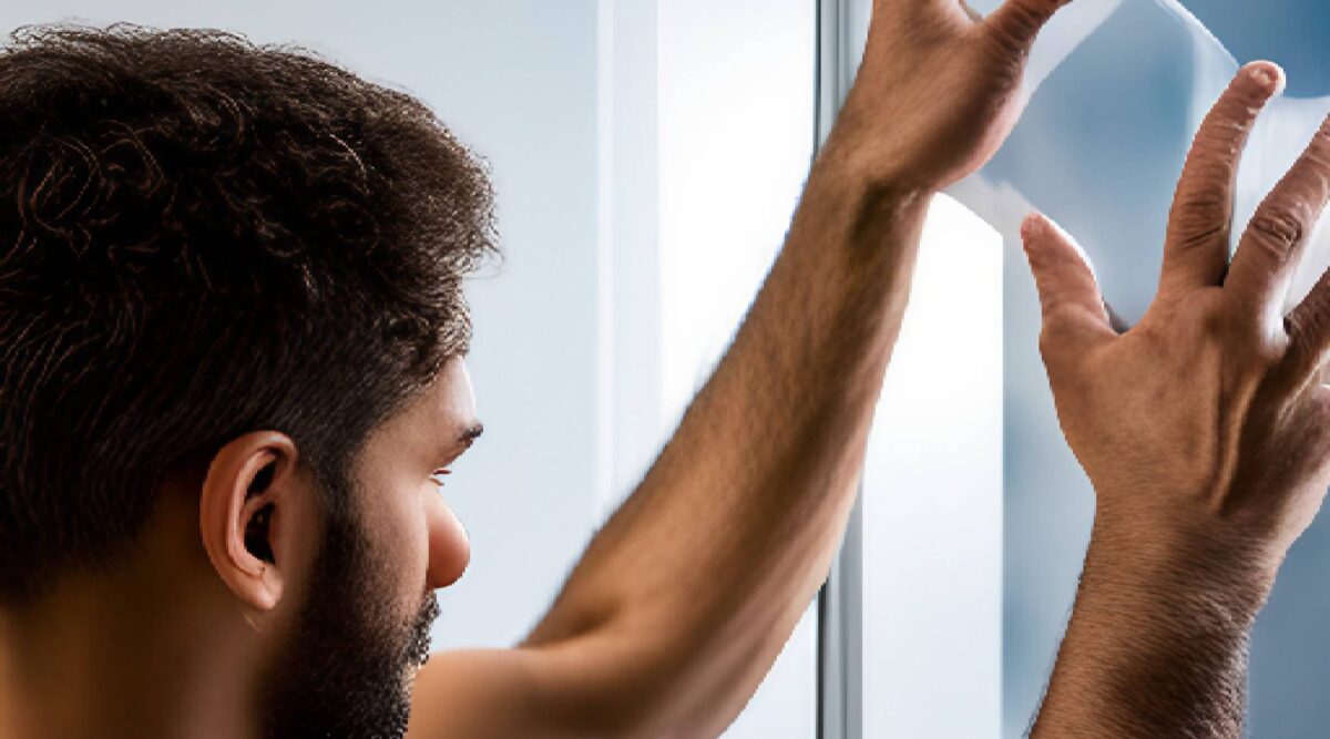 man installing window film image